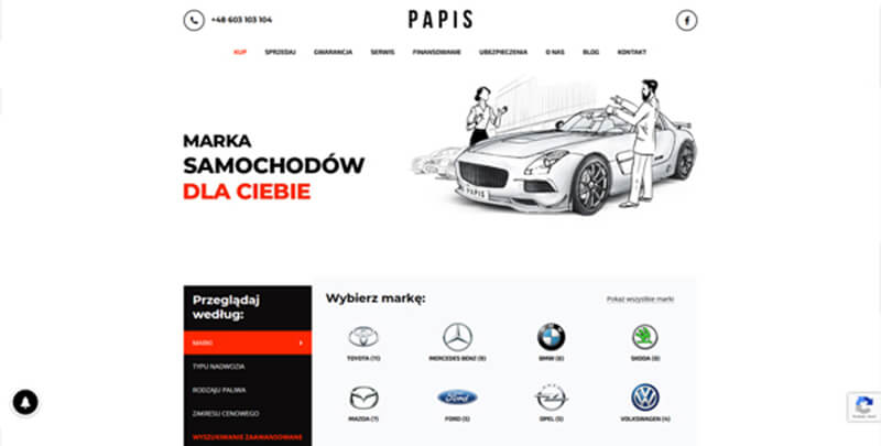 Witryna online salonu samochodów używanych.