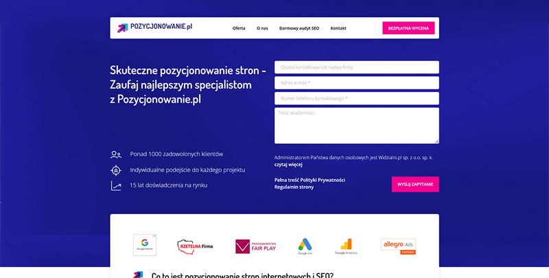 Witryna dla agencji pozycjonującej strony internetowe.
